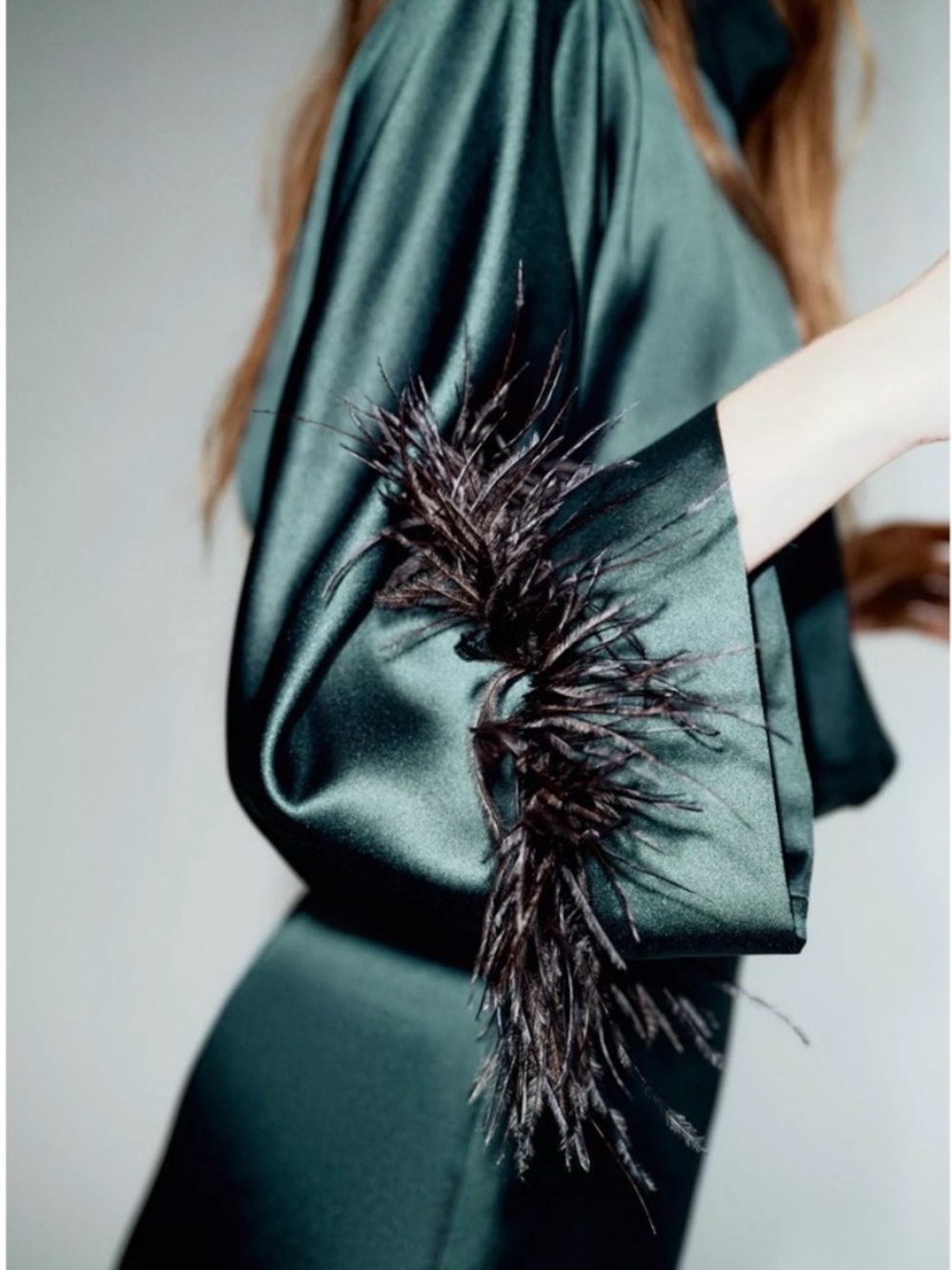 Zara Dark Teal Satin Mini Dress with Feather Trim - Picture 3 of 10